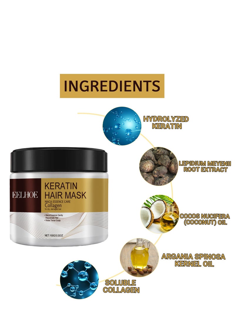 EELHOE - Keratin Hair Mask,Maca Essence Care Collagen For Dry Damaged Hair,Rejuvenate Hair,Relax Tense Scalp 100g - Image 1