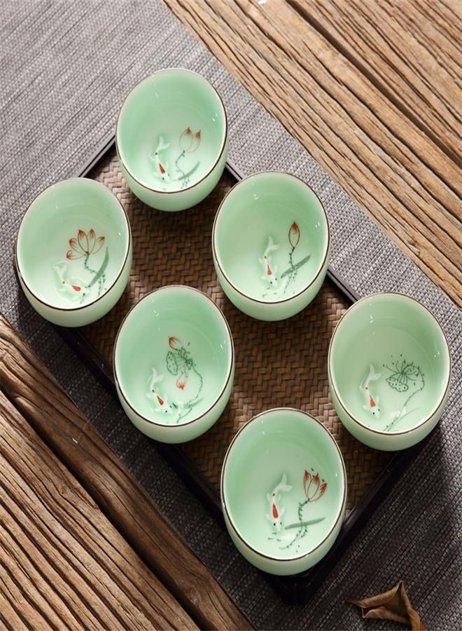 Hand Painted Kungfu Teacup, Chinese Long-quan Celadon Teacup, Fishes and Lotus Pattern, set of 6  - Image 1