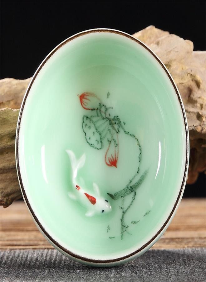 Hand Painted Kungfu Teacup, Chinese Long-quan Celadon Teacup, Fishes and Lotus Pattern, set of 6  - Image 4