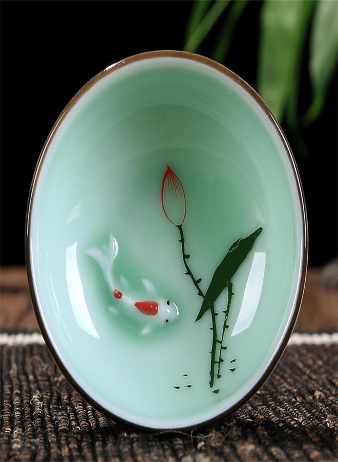 Hand Painted Kungfu Teacup, Chinese Long-quan Celadon Teacup, Fishes and Lotus Pattern, set of 6  - Image 5
