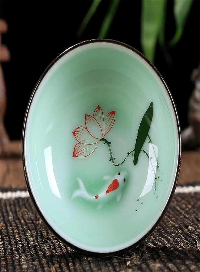 Hand Painted Kungfu Teacup, Chinese Long-quan Celadon Teacup, Fishes and Lotus Pattern, set of 6  - Image 2