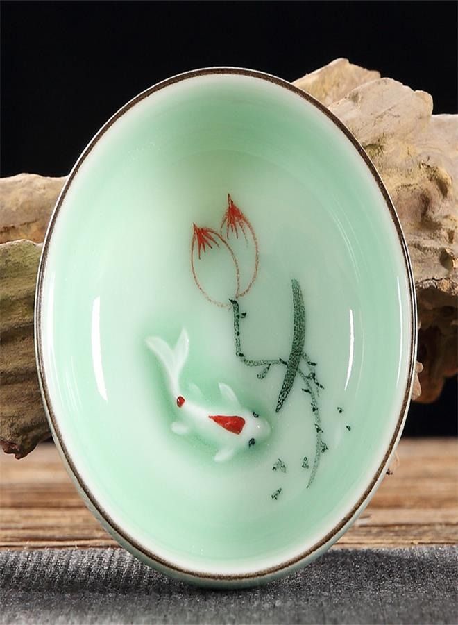 Hand Painted Kungfu Teacup, Chinese Long-quan Celadon Teacup, Fishes and Lotus Pattern, set of 6  - Image 3