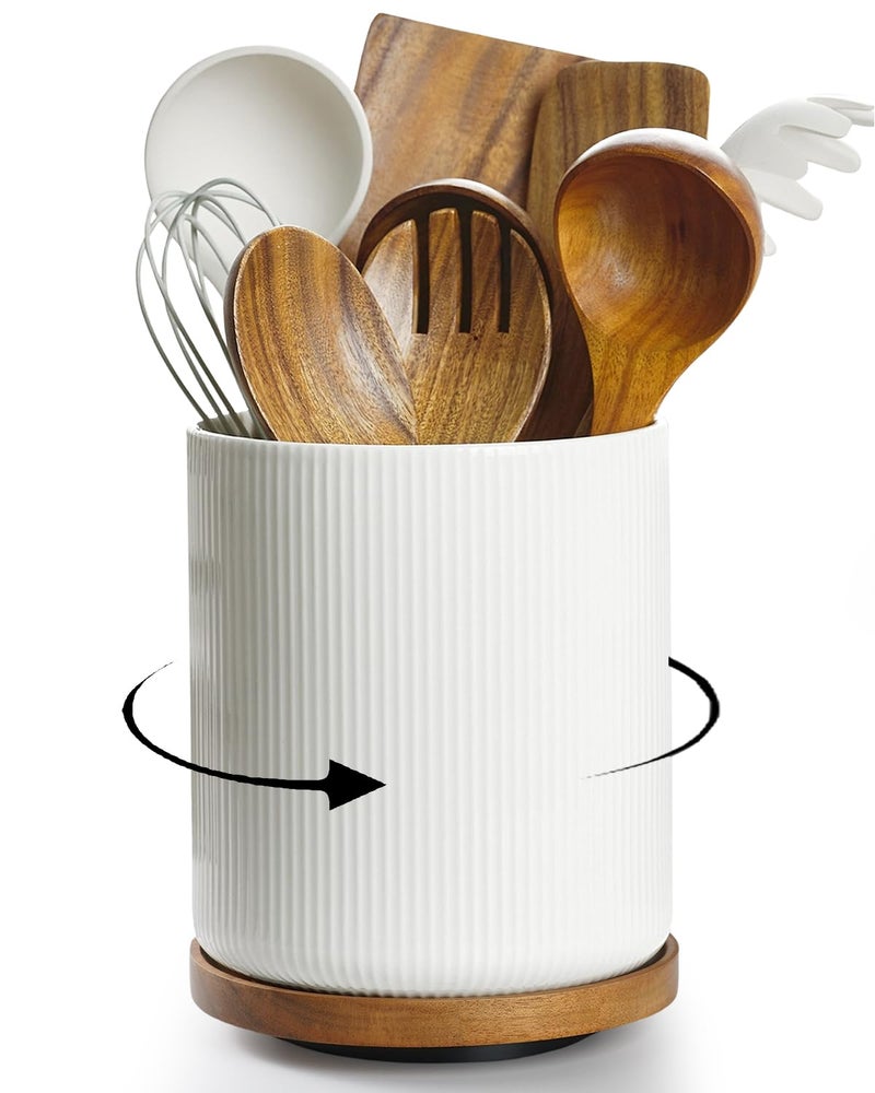 getstar 360 Rotating Large Kitchen Utensil Holder Ceramic Cooking Utensil Holder for Kitchen Counter with Rotatable and Detachable Wooden Base White