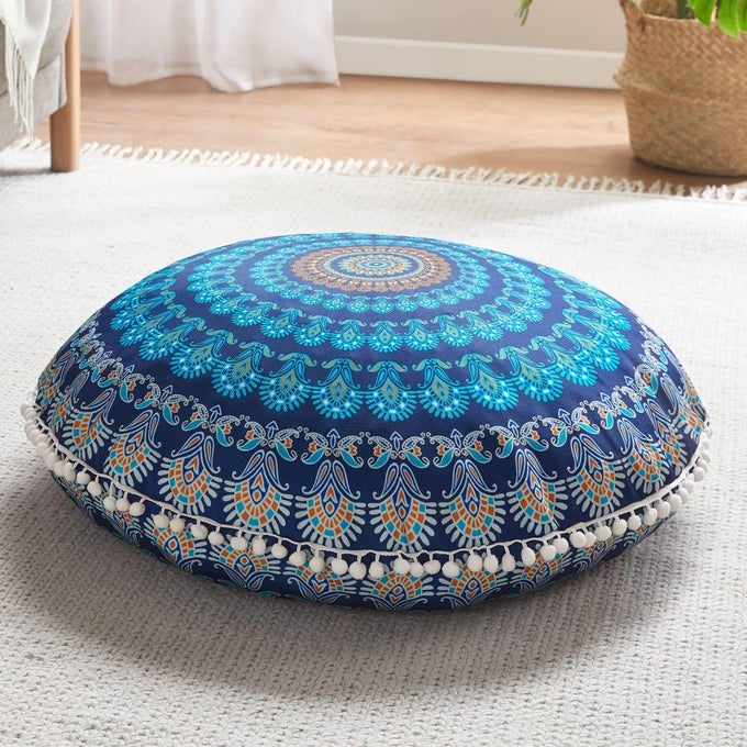 MEDITATION FLOOR PILLOW ROUND LARGE PILLOWS SEATING FOR ADULTS BOHEMIAN MANDALA CIRCLE CUSHION FOR OUTDOOR FIREPLACE YOGA LIVING ROOM 32 INCH MEMORY FOAM ADDED NAVY