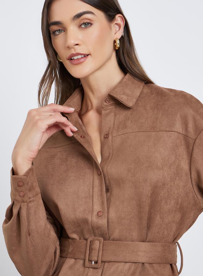 Styli Brown Suede Long Sleeve Shirt with Belt - Image 3
