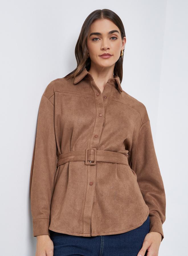 Styli Brown Suede Long Sleeve Shirt with Belt - Image 1