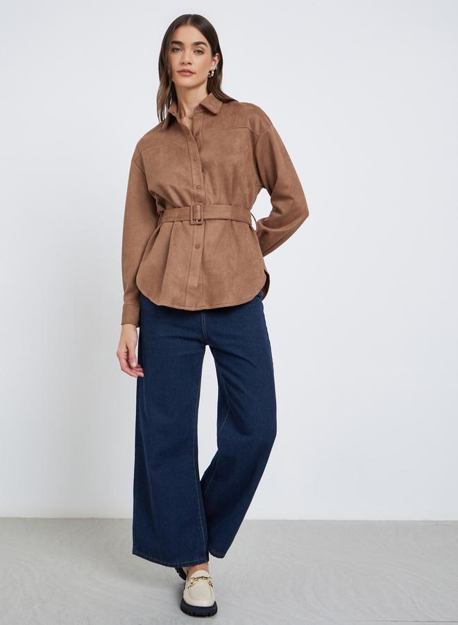 Styli Brown Suede Long Sleeve Shirt with Belt - Image 2