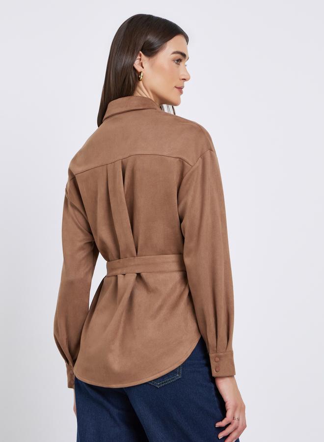 Styli Brown Suede Long Sleeve Shirt with Belt - Image 4