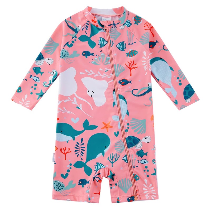 upandfast Baby/Toddler Girl Swimwear Swimsuit Full Zipper Infant One Piece Sunsuit UPF50+(12-18 Months,Pink Whale) - Image 1