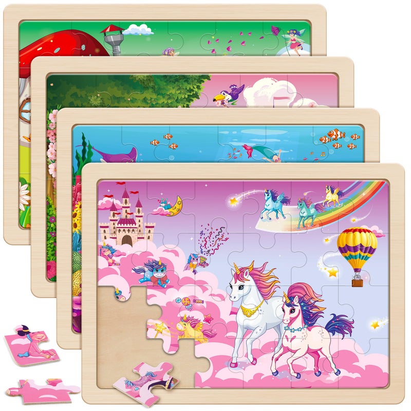 SYNARRY Large Unicorn Mermaid Princess Fairy Wooden Kids Puzzles 4 in 1 Gift Box(12.2 * 9.4 in), Wood Puzzles for Kids Ages 4-6, Wood Puzzles for Kids Ages 3-5, Easter Basket Stuffers Gifts for Kids - Image 1