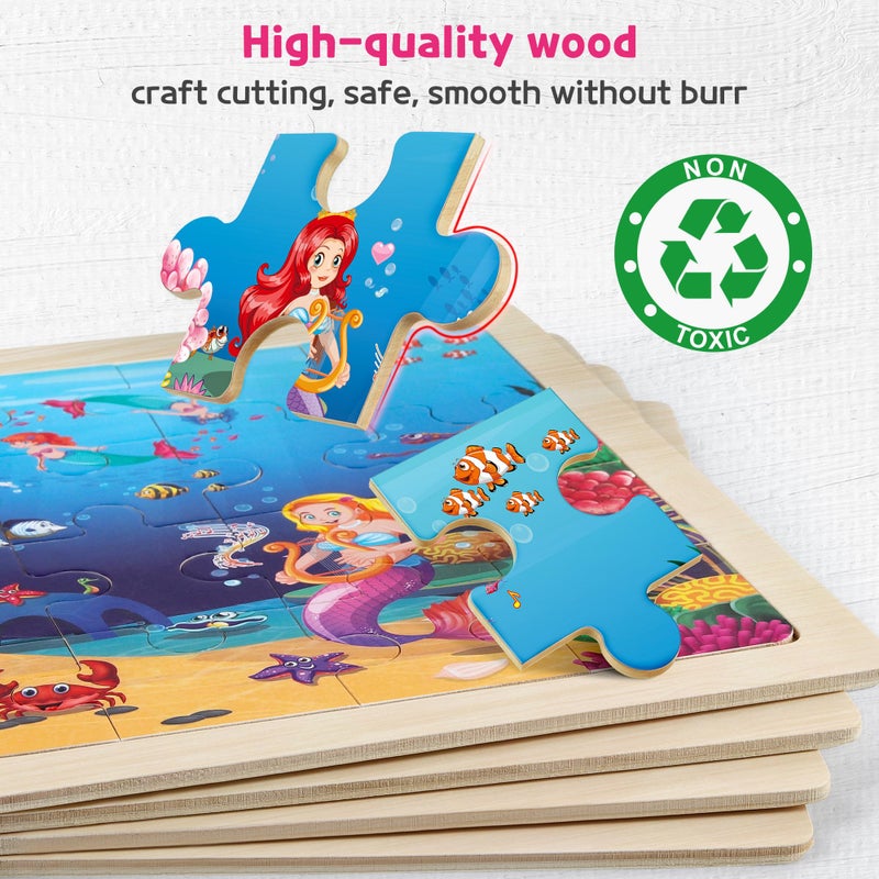 SYNARRY Large Unicorn Mermaid Princess Fairy Wooden Kids Puzzles 4 in 1 Gift Box(12.2 * 9.4 in), Wood Puzzles for Kids Ages 4-6, Wood Puzzles for Kids Ages 3-5, Easter Basket Stuffers Gifts for Kids - Image 4