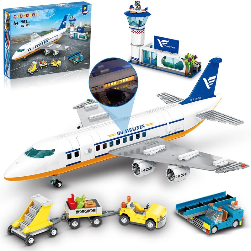 HOGOKIDS City Passenger Airplane Building Set with LED Light, 901 PCS Plane Building Blocks with Airport Terminal, Radar Tower, Luggage Trailer, Planes Model Toys Gifts for Adults Boys Girls Age 6-12+ - Image 1