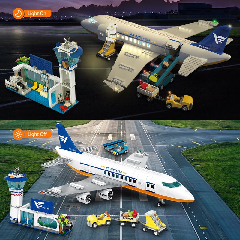 HOGOKIDS City Passenger Airplane Building Set with LED Light, 901 PCS Plane Building Blocks with Airport Terminal, Radar Tower, Luggage Trailer, Planes Model Toys Gifts for Adults Boys Girls Age 6-12+ - Image 2