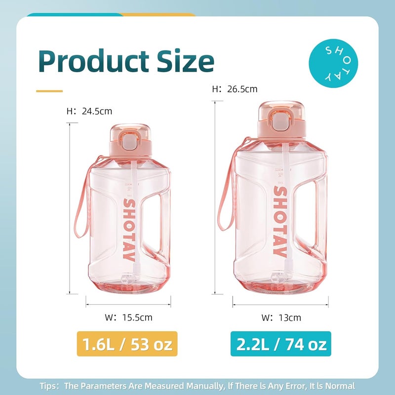 SHOTAY Sports Water Bottles 1L/1.5L/2L With USA Tritan Material 100% BPA Free And Leakproof, Half Gallon One Click Open Water Jug for School, Fitness And Outdoor Sports. - Image 2
