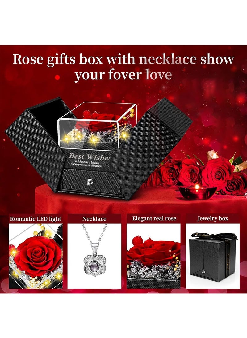 الوردة الأبدية مع صندوق هدايا، مجموعة وردة محفوظة لطيفة مع قلادة أحبك، للأم والزوجة والصديقة في الذكرى السنوية وعيد الميلاد وهدايا رومانسية لها - Image 2