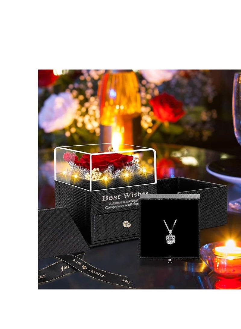 الوردة الأبدية مع صندوق هدايا، مجموعة وردة محفوظة لطيفة مع قلادة أحبك، للأم والزوجة والصديقة في الذكرى السنوية وعيد الميلاد وهدايا رومانسية لها - Image 4