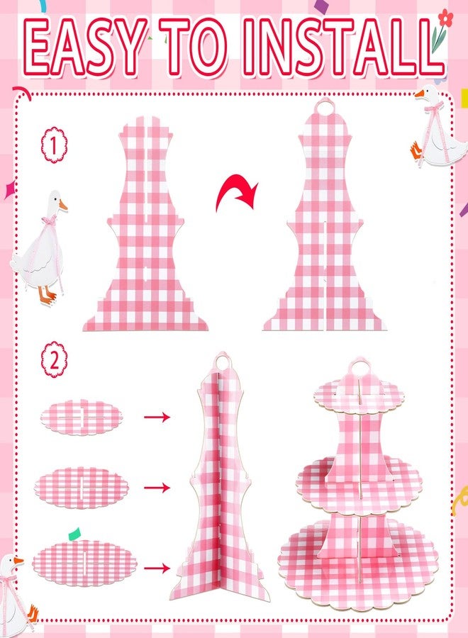 Willinglong 1 Pcs Gingham 3 Tier Cardboard Cupcake Stand Silly Goose Paper Cupcake Stand Tower Tiered Cup Cake Dessert Display Holder for Birthday Baby Shower Party Supplies Decorations (Pink) - Image 3