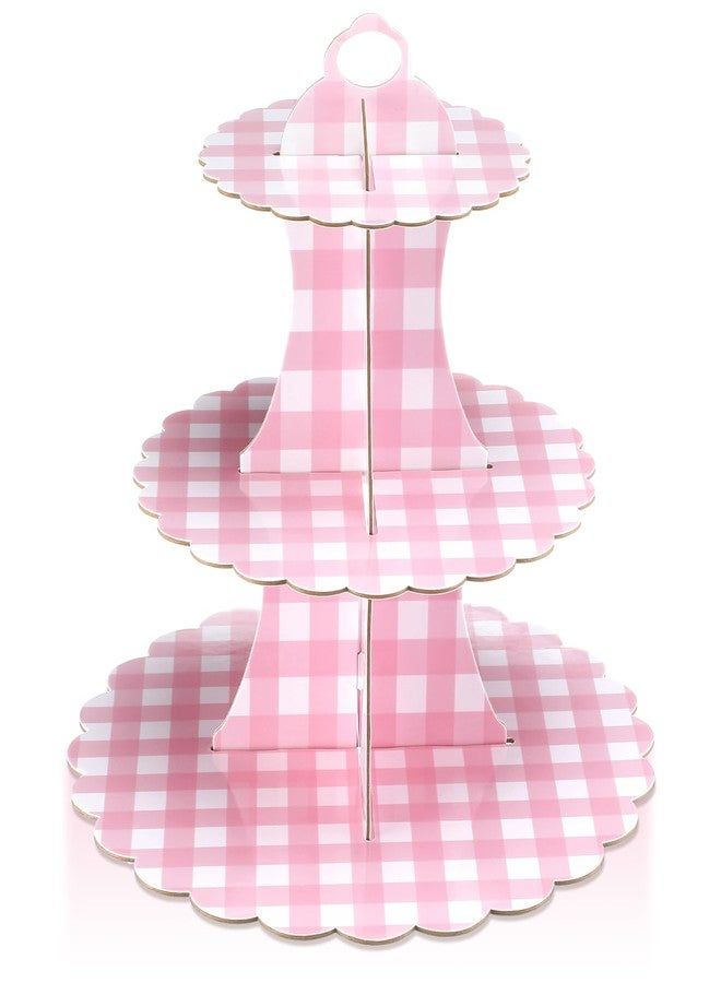 Willinglong 1 Pcs Gingham 3 Tier Cardboard Cupcake Stand Silly Goose Paper Cupcake Stand Tower Tiered Cup Cake Dessert Display Holder for Birthday Baby Shower Party Supplies Decorations (Pink) - Image 1