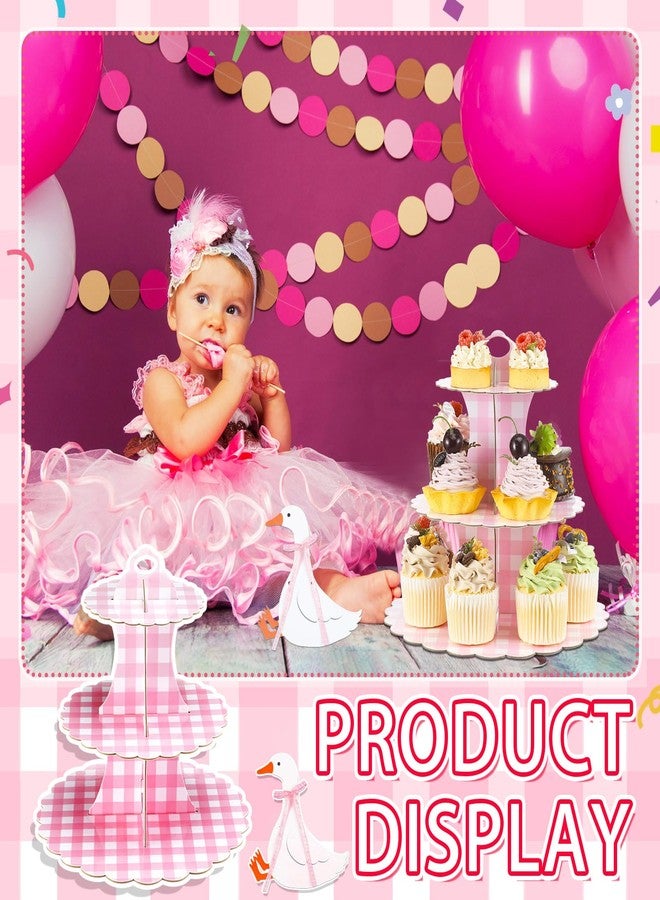 Willinglong 1 Pcs Gingham 3 Tier Cardboard Cupcake Stand Silly Goose Paper Cupcake Stand Tower Tiered Cup Cake Dessert Display Holder for Birthday Baby Shower Party Supplies Decorations (Pink) - Image 4
