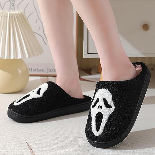 V OPXIN Halloween Slippers for Women Men Pumpkin Spooky Ghost Slippers Cozy Plush Warm Slip-on House Slippers Shoes for Indoor Outdoor Halloween Gifts - Image 2