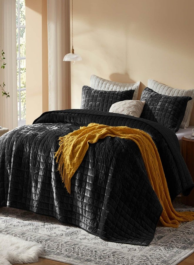 LEAONME Velvet Quilt King Size-98''x106'', Lightweight Black Velvet Comforter Set with 2 Pillow Shams, Soft Bedspread Coverlet Quilted Bedding Set for All Season - Image 2