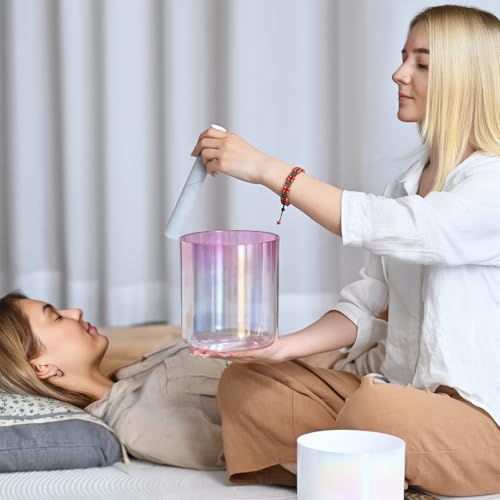 CVNC 440HZ 7 Inch F Note Heart Chakra Pink Purple Color Clear Quartz Crystal Singing Bowl with Carry Case Bag for Sound Healing and Meditation - Image 5