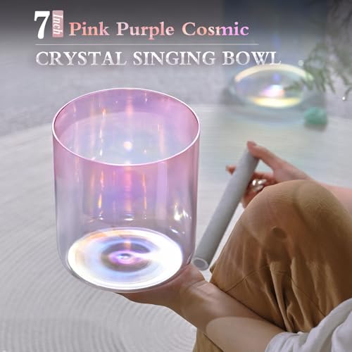 CVNC 440HZ 7 Inch F Note Heart Chakra Pink Purple Color Clear Quartz Crystal Singing Bowl with Carry Case Bag for Sound Healing and Meditation - Image 4