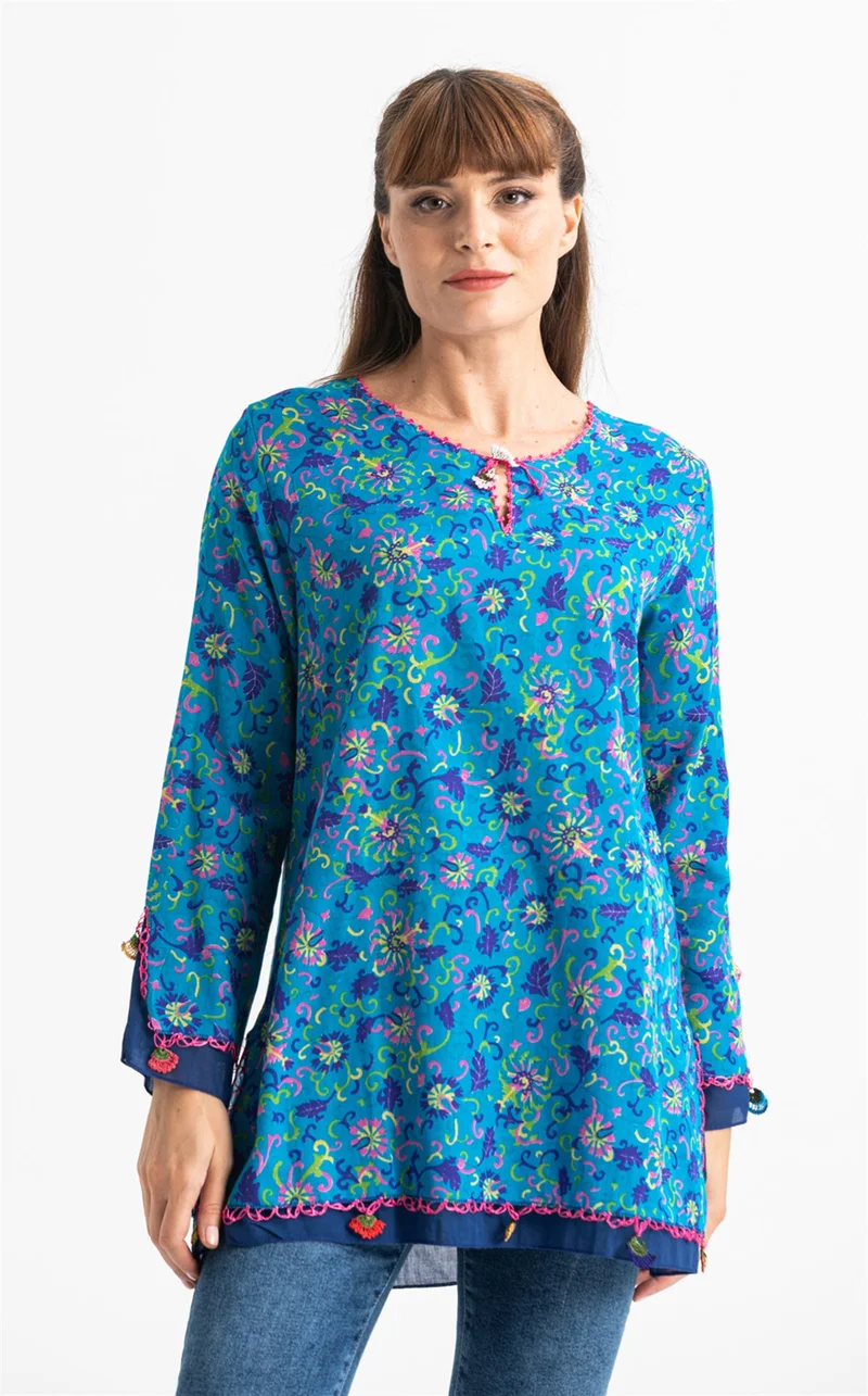 Eliş Şile Bezi Long Sleeve Voile Ceyda Blouse Floral Pattern Turquoise 6175