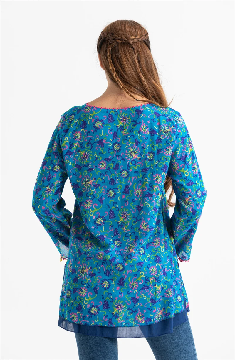 Eliş Şile Bezi Long Sleeve Voile Ceyda Blouse Floral Pattern Turquoise 6175