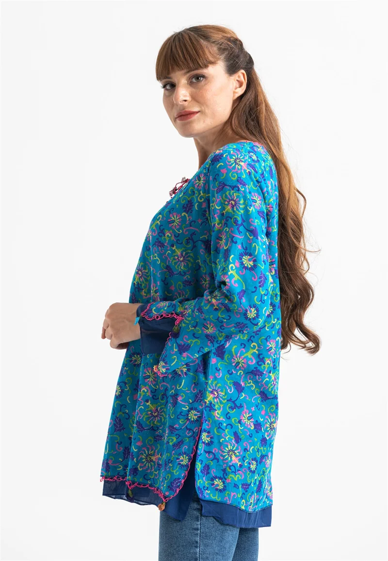 Eliş Şile Bezi Long Sleeve Voile Ceyda Blouse Floral Pattern Turquoise 6175