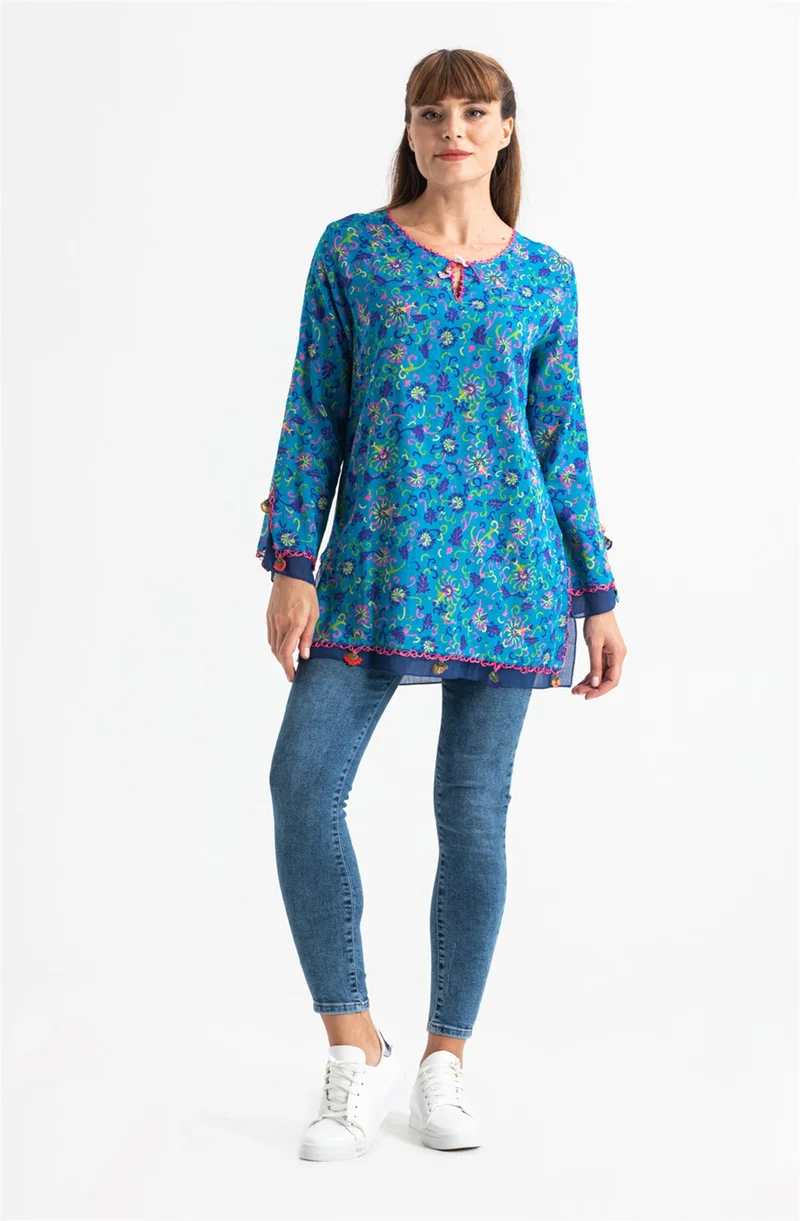 Eliş Şile Bezi Long Sleeve Voile Ceyda Blouse Floral Pattern Turquoise 6175