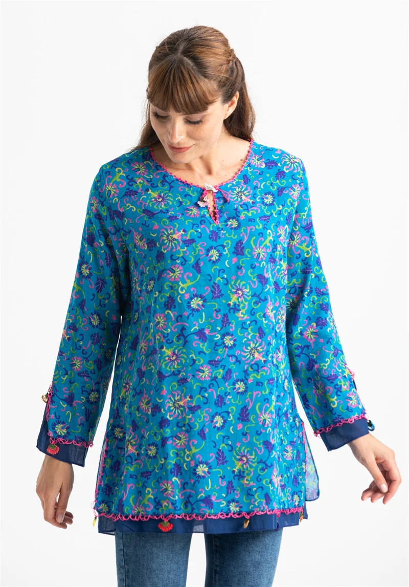 Eliş Şile Bezi Long Sleeve Voile Ceyda Blouse Floral Pattern Turquoise 6175