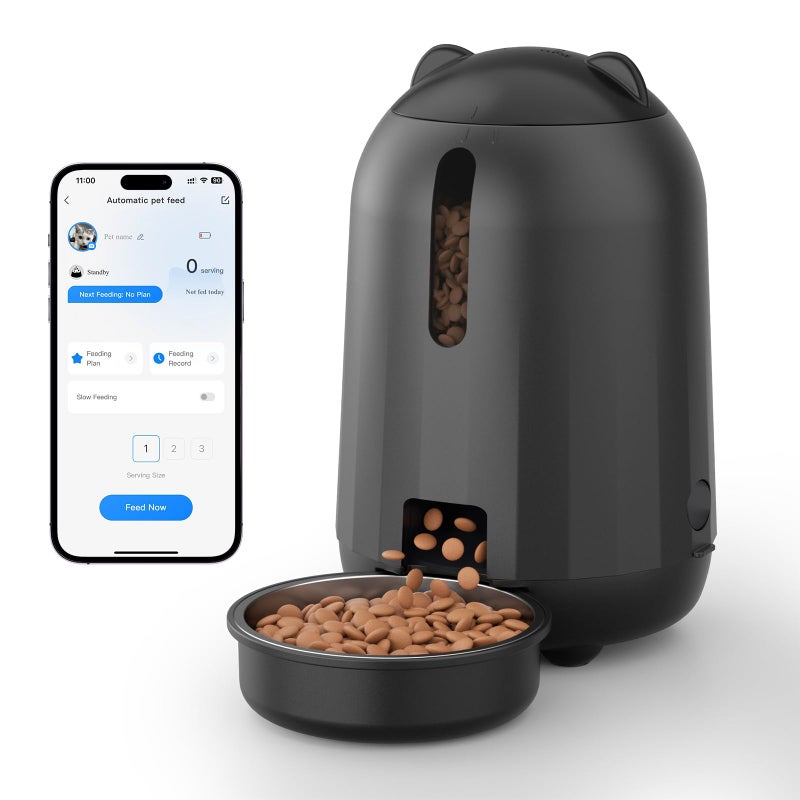 PAPIFEED Automatic Cat Feeder, App-Controlled WiFi Auto Food Dispenser with Dual Power Backup, Slow Feeding Mode, 3L Easy-Clean Feeder for Cats & Small Dogs (Black) - Image 1