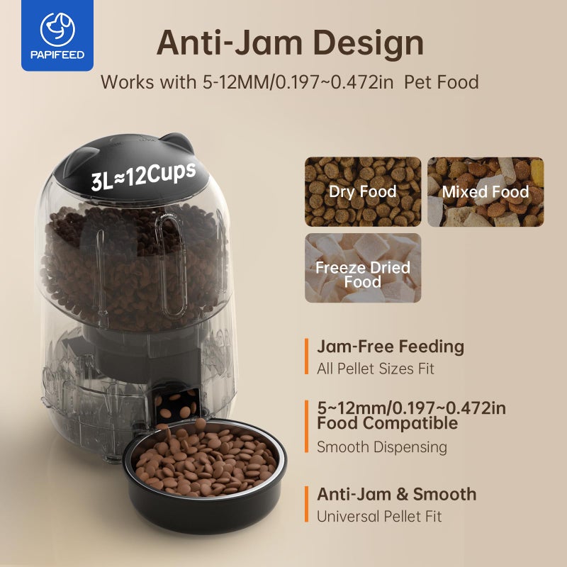 PAPIFEED Automatic Cat Feeder, App-Controlled WiFi Auto Food Dispenser with Dual Power Backup, Slow Feeding Mode, 3L Easy-Clean Feeder for Cats & Small Dogs (Black) - Image 5