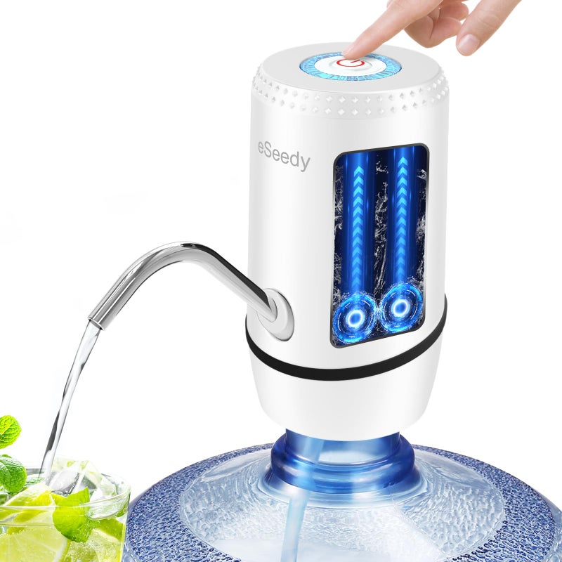 eSeedy Water Pump for 5 Gallon Bottle USB Charging Automatic Water Dispenser with Rechargeable Battery Portable Electric Drinking Water Jug Pump for Home Kitchen Living Room Office Camping  White