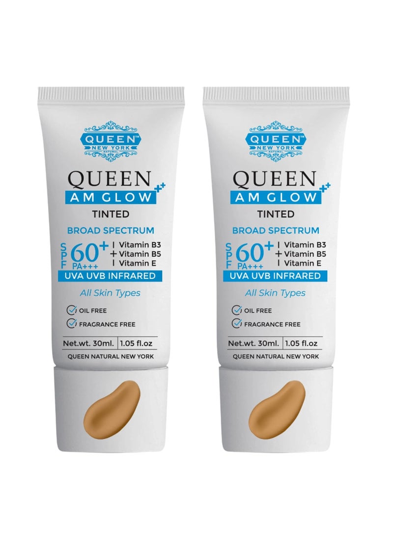 QUEEN NATURAL NEW YORK - QUEEN AM GLOW | TINTED SunScreen SPF 60 PA+++Primer-Face Moisturizer- Vitamin B3, B5, E- Non-Greasy, Silky Touch-oil free, fragrance free by QUEEN NATURAL NEW YORK (Pack of 2) - Image 1