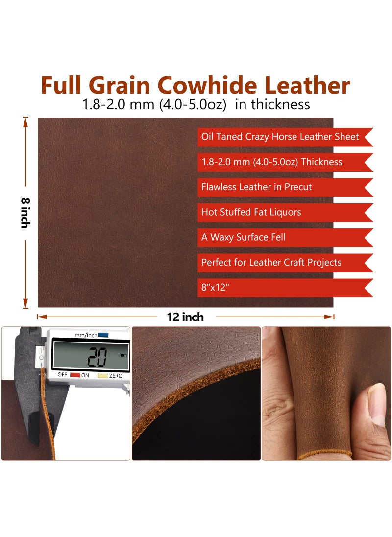TeeLiy Tooling Leather Square 1.8-2.0MM Thick Genuine Top Full Grain Oil Tan Crazy Horse Cowhide Leather Sheets for Crafts Tooling Sewing Wallet Earring Hobby (Brown, 8"x12")  - Image 2