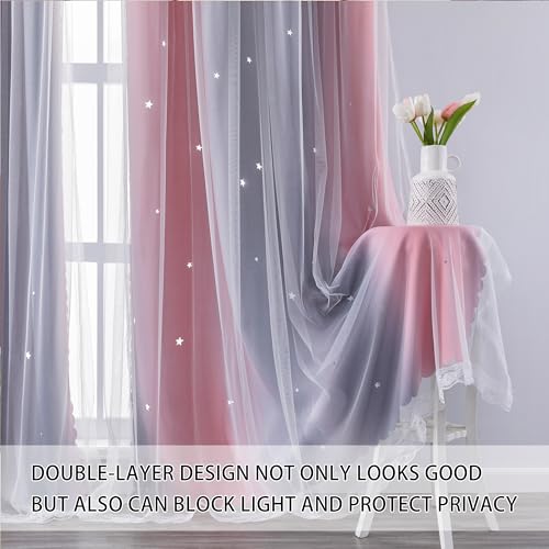 XiDi Dream Star Blackout Curtains for Kids Rooms Girl Princess Curtain for Daughter Bedroom Window (Pink Grey, W34 X L63) - Image 2