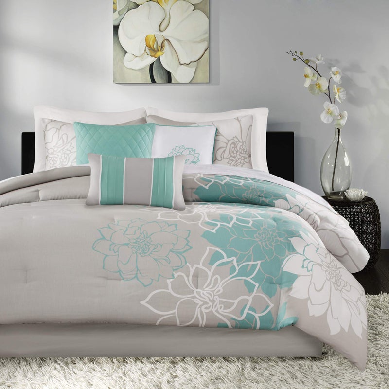 madison park Madison Park Lola Sateen Cotton Comforter SetCasual Medallion Floral Design All Season Down Alternative Bedding Shams Bedskirt Decorative Pillows Queen GreyAqua 7 Piece 