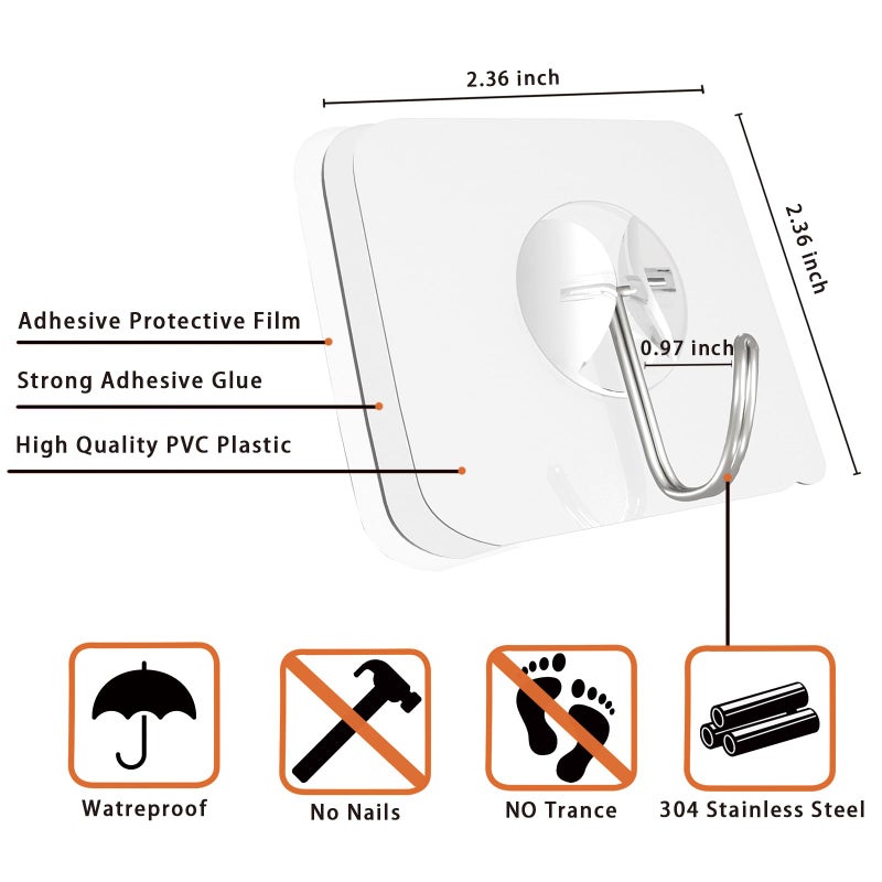 Latoxcaa Heavy Duty Adhesive Wall Hooks - Strong & Transparent, Hold up to 22lb, Waterproof & Reusable, Ideal for Kitchen, Bathroom, and Office (10 Pack) - Image 3