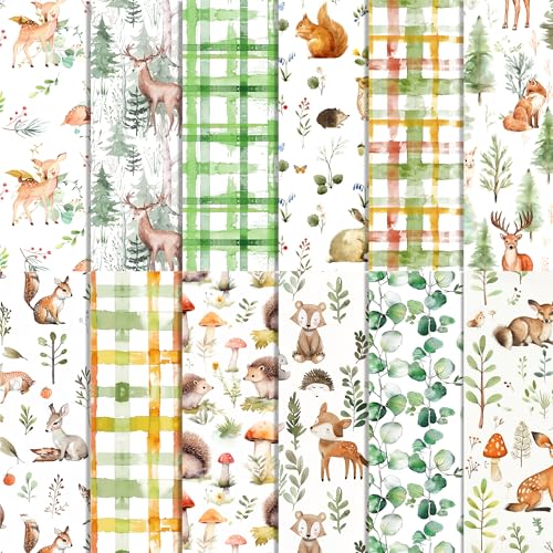 BHNACIER 24 Sheets Woodland Animal Scrapbook Paper 12x12 Forest Animals Pattern Paper Watercolor Forest Jungle Animal Scrapbook Papers DoubleSided Decorative Craft Papers With Plum Deer Squirrel Hedgehog - Image 1