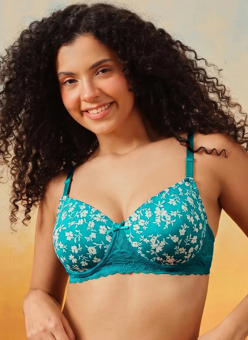 كلوفيا Clovia Padded Non-Wired Full Coverage Multiway Floral Print T-shirt Bra in Turquoise