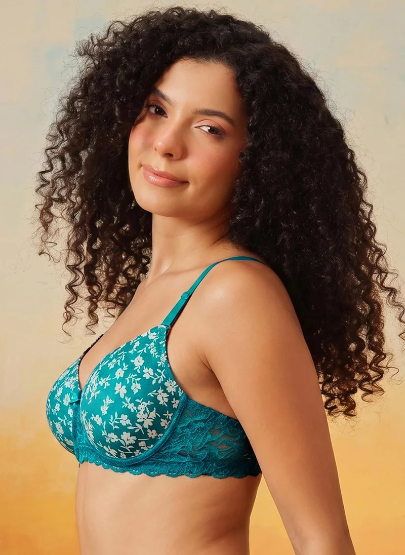 Clovia Turquoise Blue Clovia Padded Non-Wired Full Coverage Multiway Floral Print T-shirt Bra in Turquoise for Women | Best Price UAE