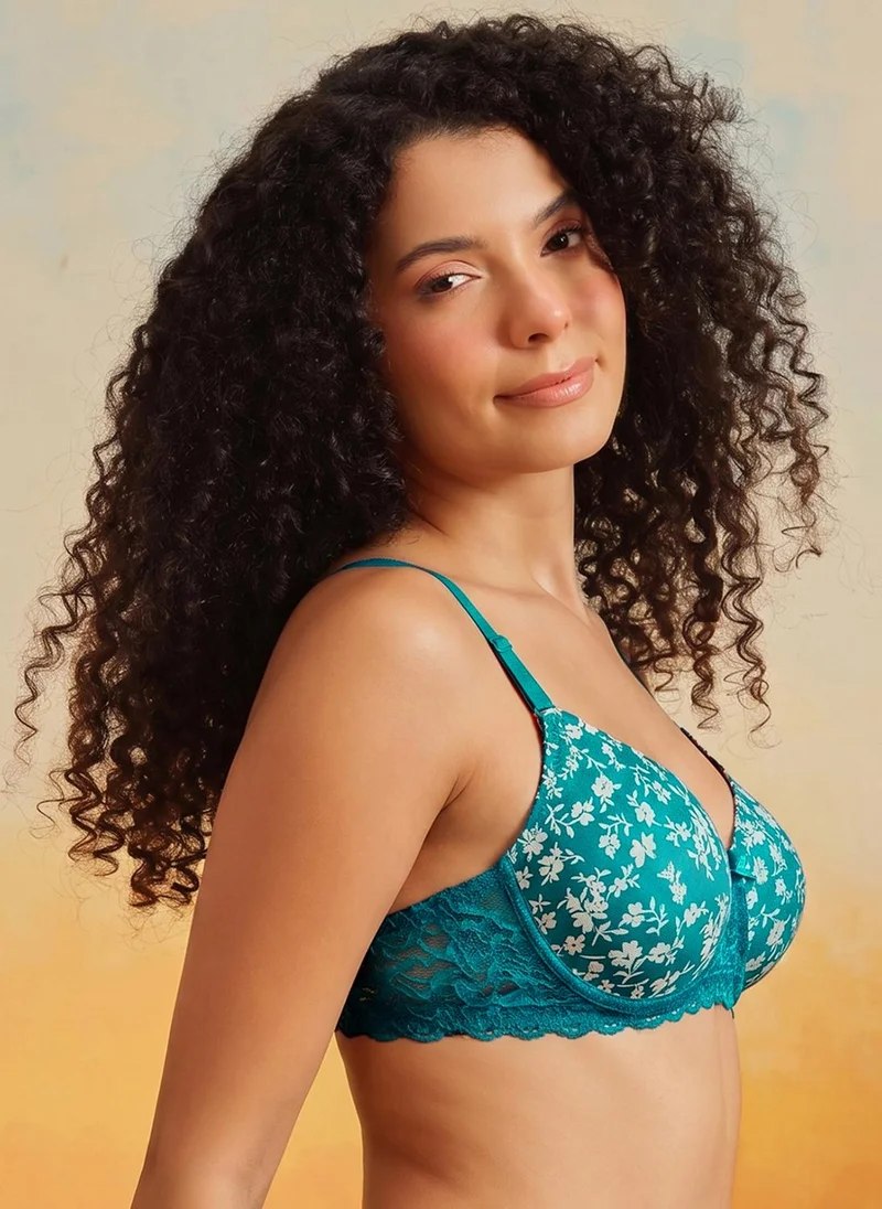 كلوفيا Clovia Padded Non-Wired Full Coverage Multiway Floral Print T-shirt Bra in Turquoise