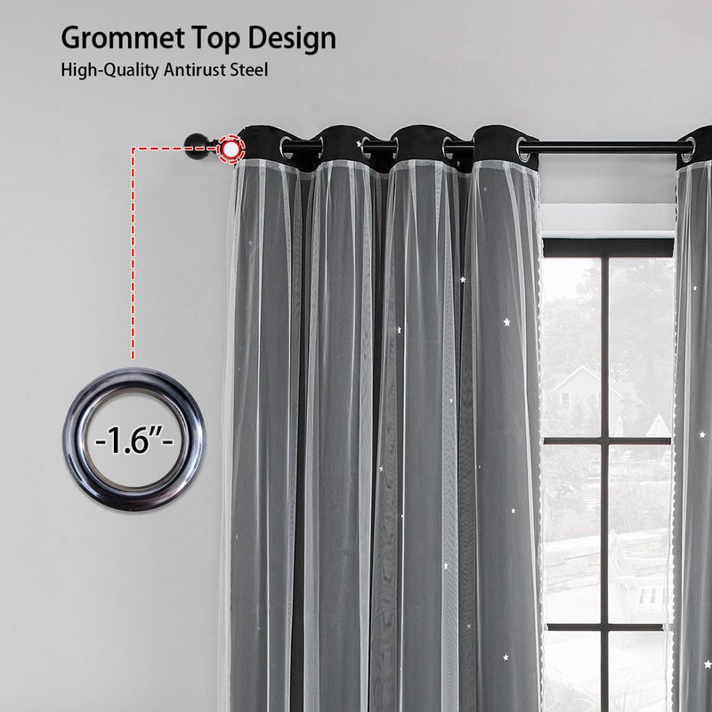 XiDi Black 63x34in Curtain for Bedroom, Girls Room Decor, Living Room, 1 Panel, Blackout Curtains with Laser Cutout Stars, Grommet Top, Washable - Image 4