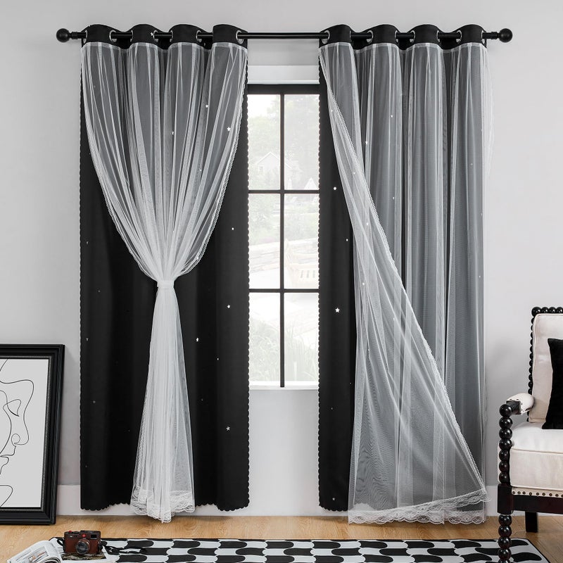 XiDi Black 63x34in Curtain for Bedroom, Girls Room Decor, Living Room, 1 Panel, Blackout Curtains with Laser Cutout Stars, Grommet Top, Washable - Image 1