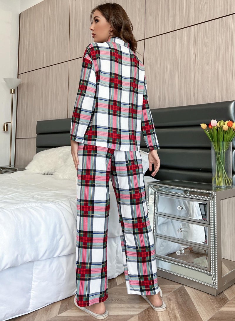 Loquat Women's 2-Piece Set Plaid Pajamas Long Sleeve Lapel Top And Pants Soft Loungewear Nightgown Suit Leisure Wear  - Image 3