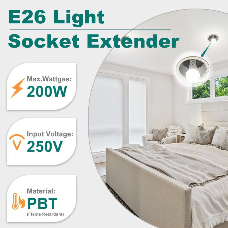 DiCUNO E26 Socket Extender, E26 Standard Medium Base Lamp Bulb Socket Adapter of 5CM/1.97 Inch Extension, Max 200W, Light Bulb Extender, 2 Pcs - Image 2