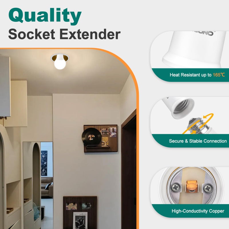 DiCUNO E26 Socket Extender, E26 Standard Medium Base Lamp Bulb Socket Adapter of 5CM/1.97 Inch Extension, Max 200W, Light Bulb Extender, 2 Pcs - Image 4