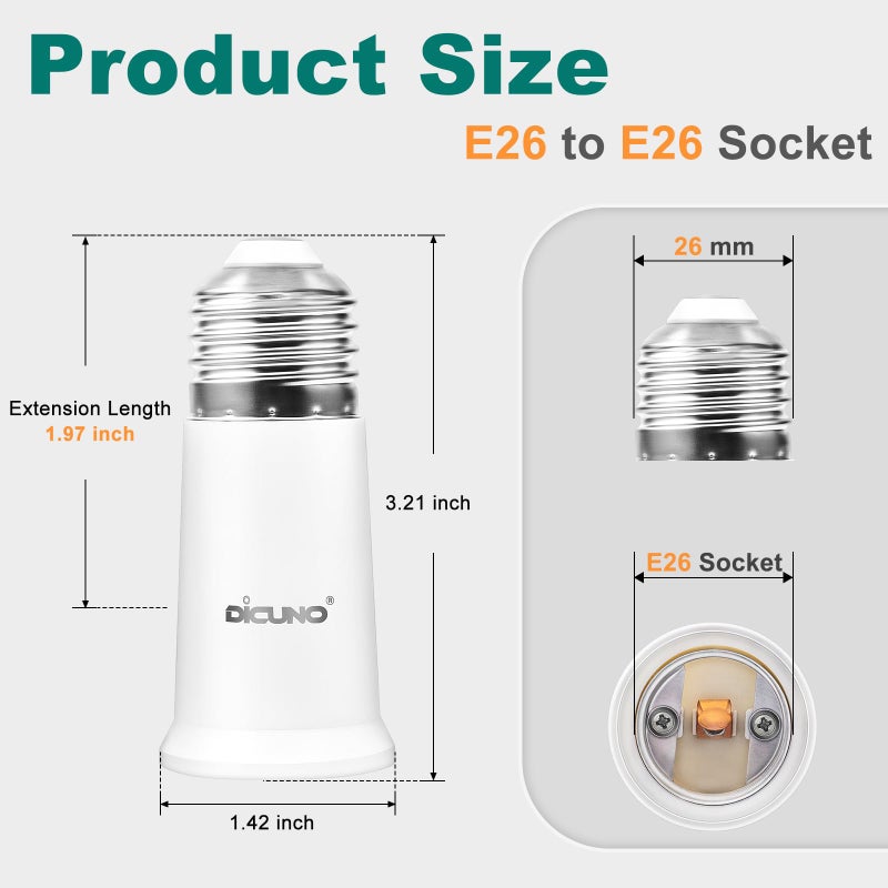 DiCUNO E26 Socket Extender, E26 Standard Medium Base Lamp Bulb Socket Adapter of 5CM/1.97 Inch Extension, Max 200W, Light Bulb Extender, 2 Pcs - Image 3